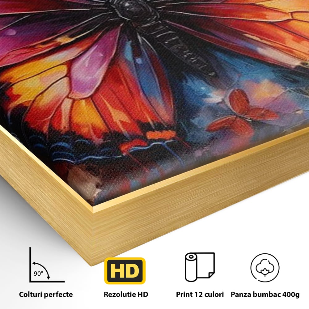 Detaliu al suprafetei: tablou canvas cu fluture central multicolor, in rama de aluminiu auriu